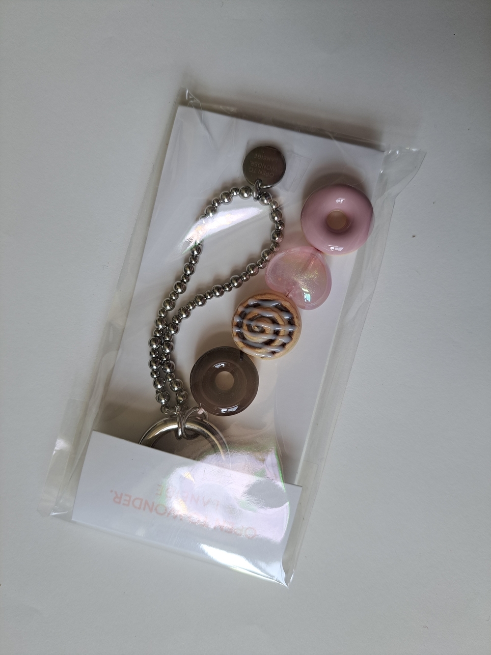 LANEIGE Pink and Brown Beaded Charm Bracelet Keyring